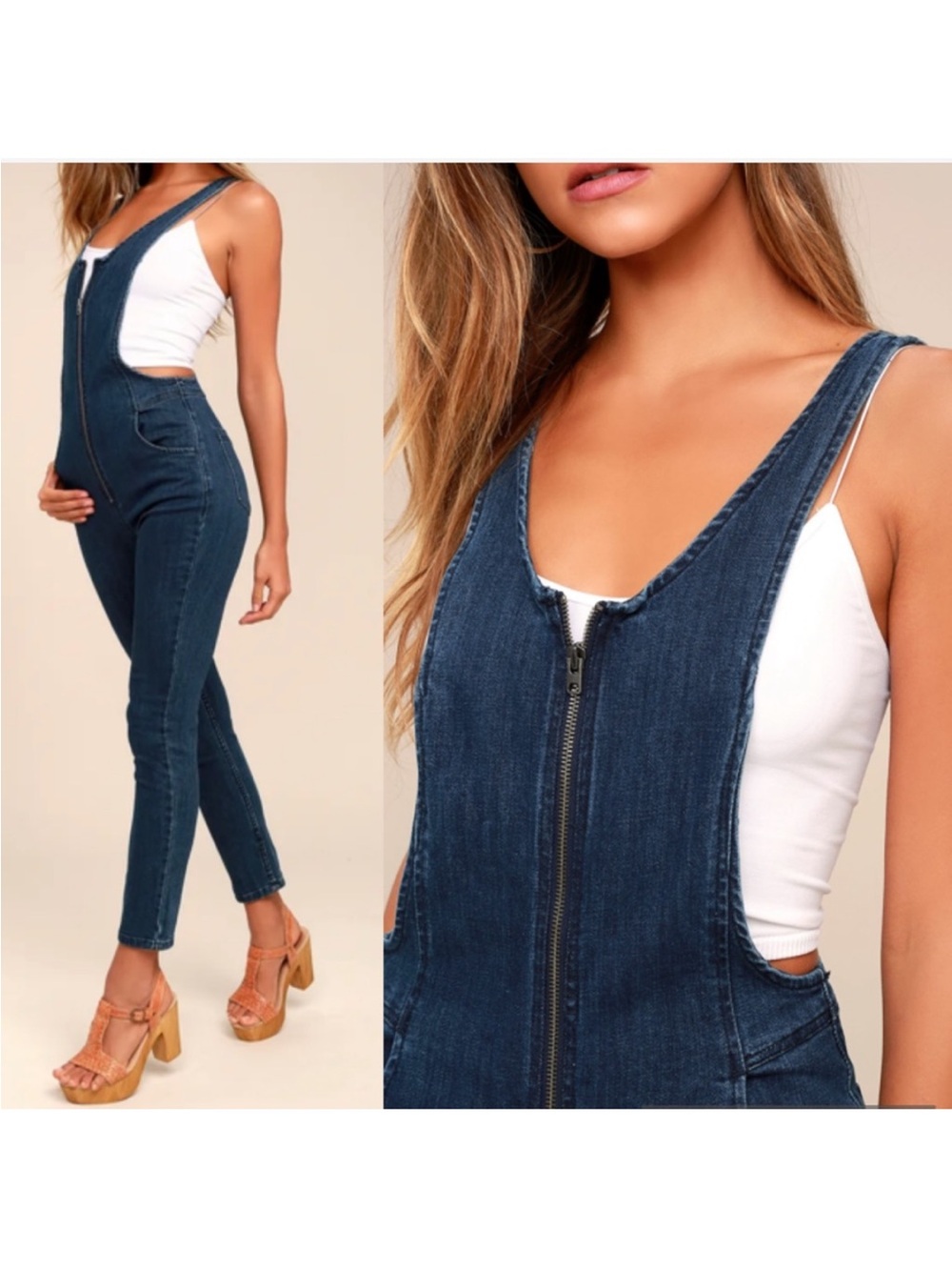 🌼 Free People Dark Blue Denim Zip-Front Overalls